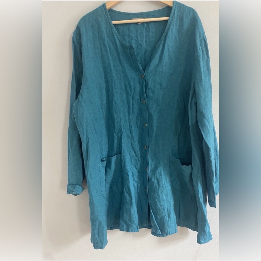 FLAX 100% Linen Oversized Button Down Tunic Top Aqua Blue Size L